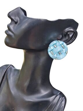 Vintage MCM Blue Basketweave Clip On Earrings Silver Tone Art Deco Revival